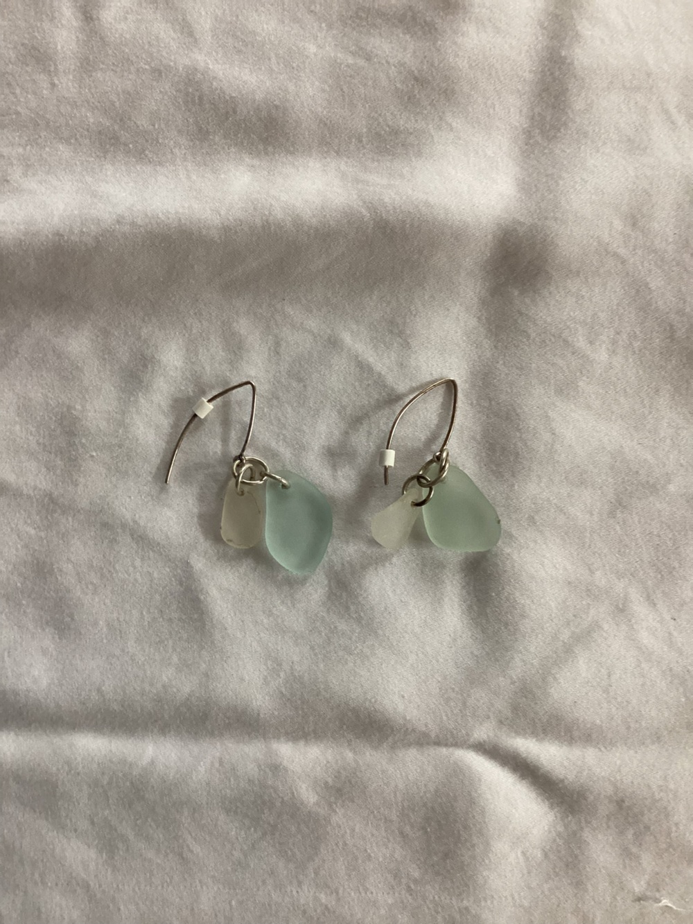 Sea Glass Drop Hoop Earrings - Light Aqua & Pearl